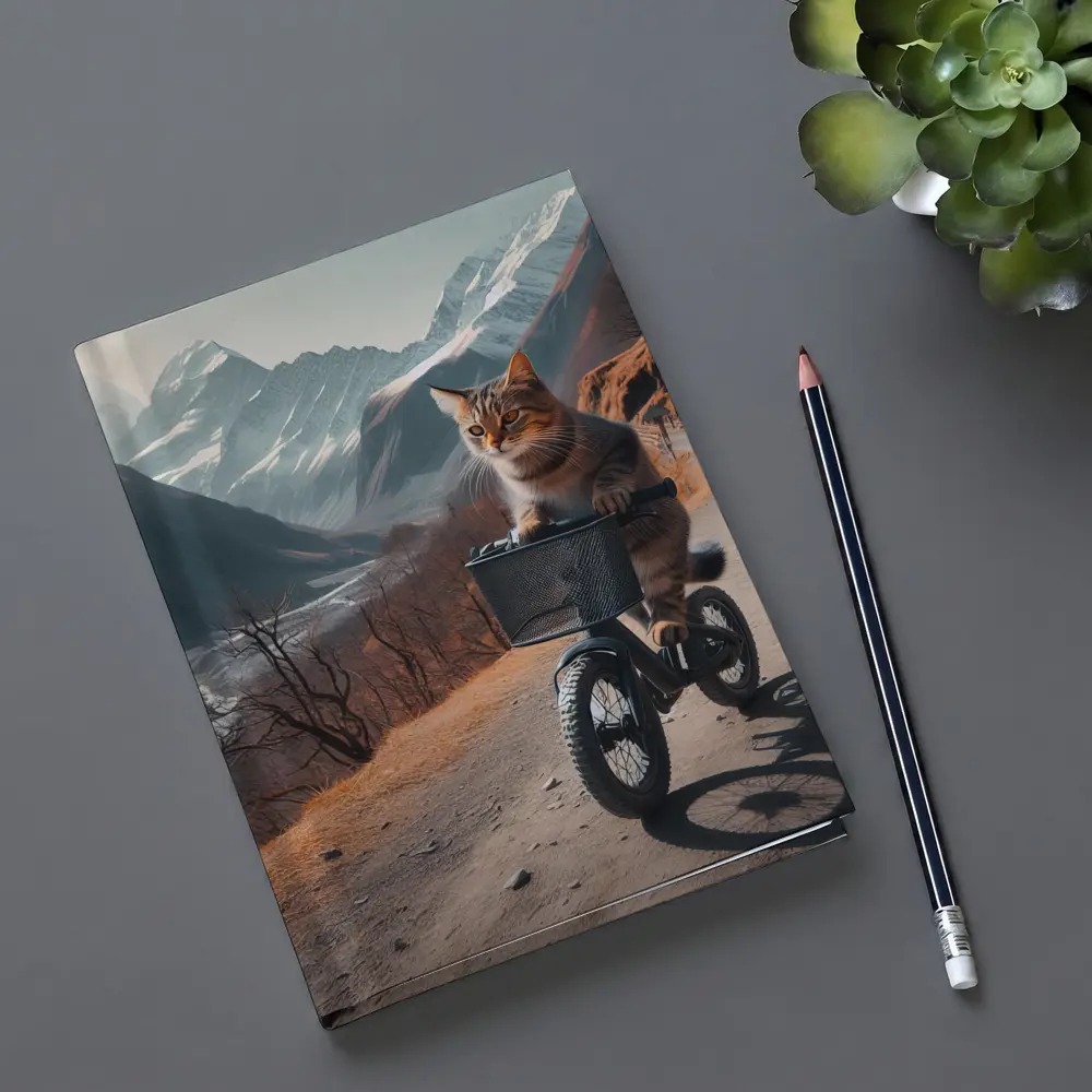 Tabby Cat Riding Bicycle Mountain Road – Notebooks