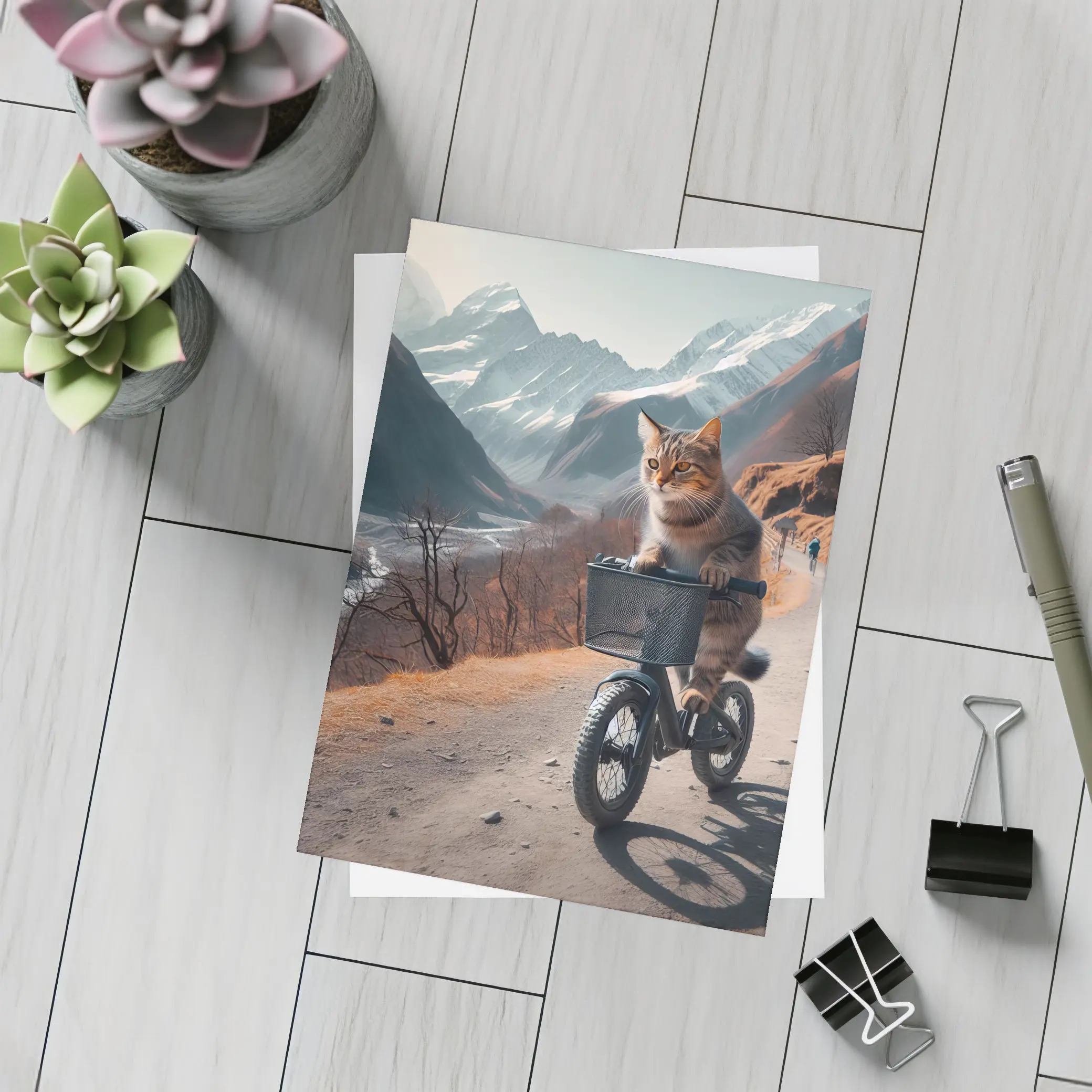 Tabby Cat Riding Bicycle Mountain Road – Postcards