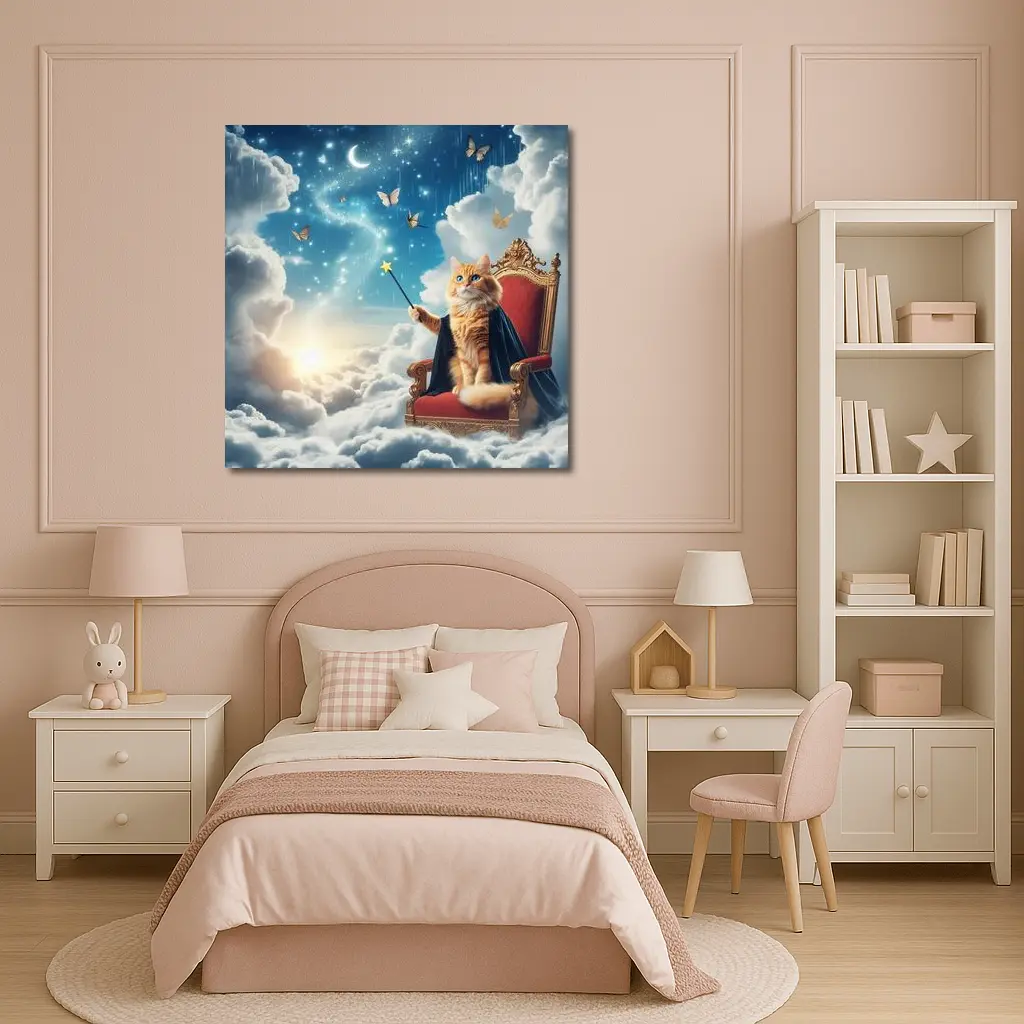 Orange Cat Wizard Throne Dreamy Sky – Wall Art
