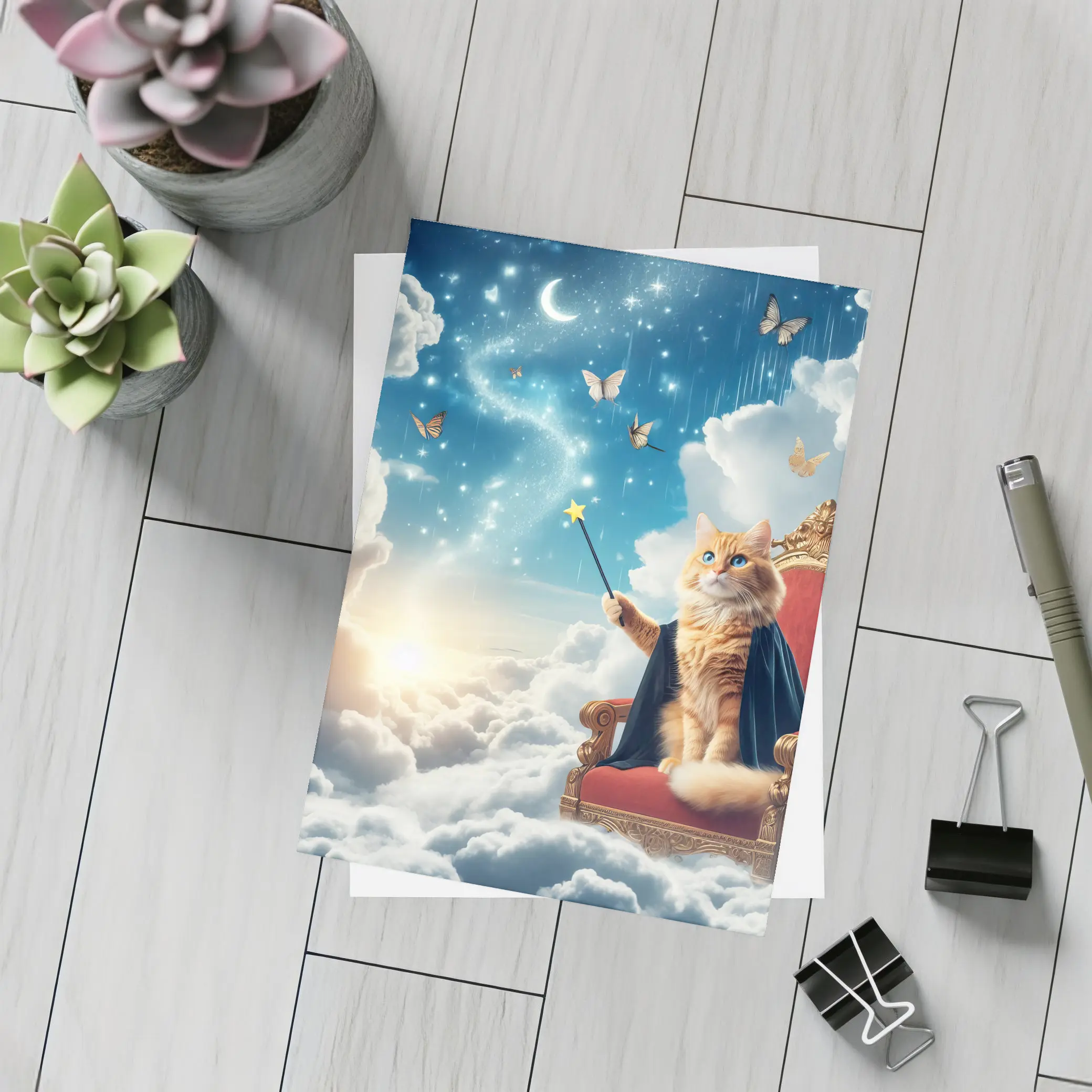 Orange Cat Wizard Throne Dreamy Sky – Postcards