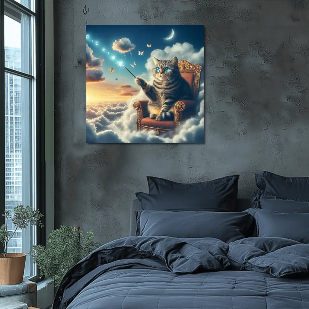 Tabby Cat Wizard Floating Sky Clouds – Wall Art