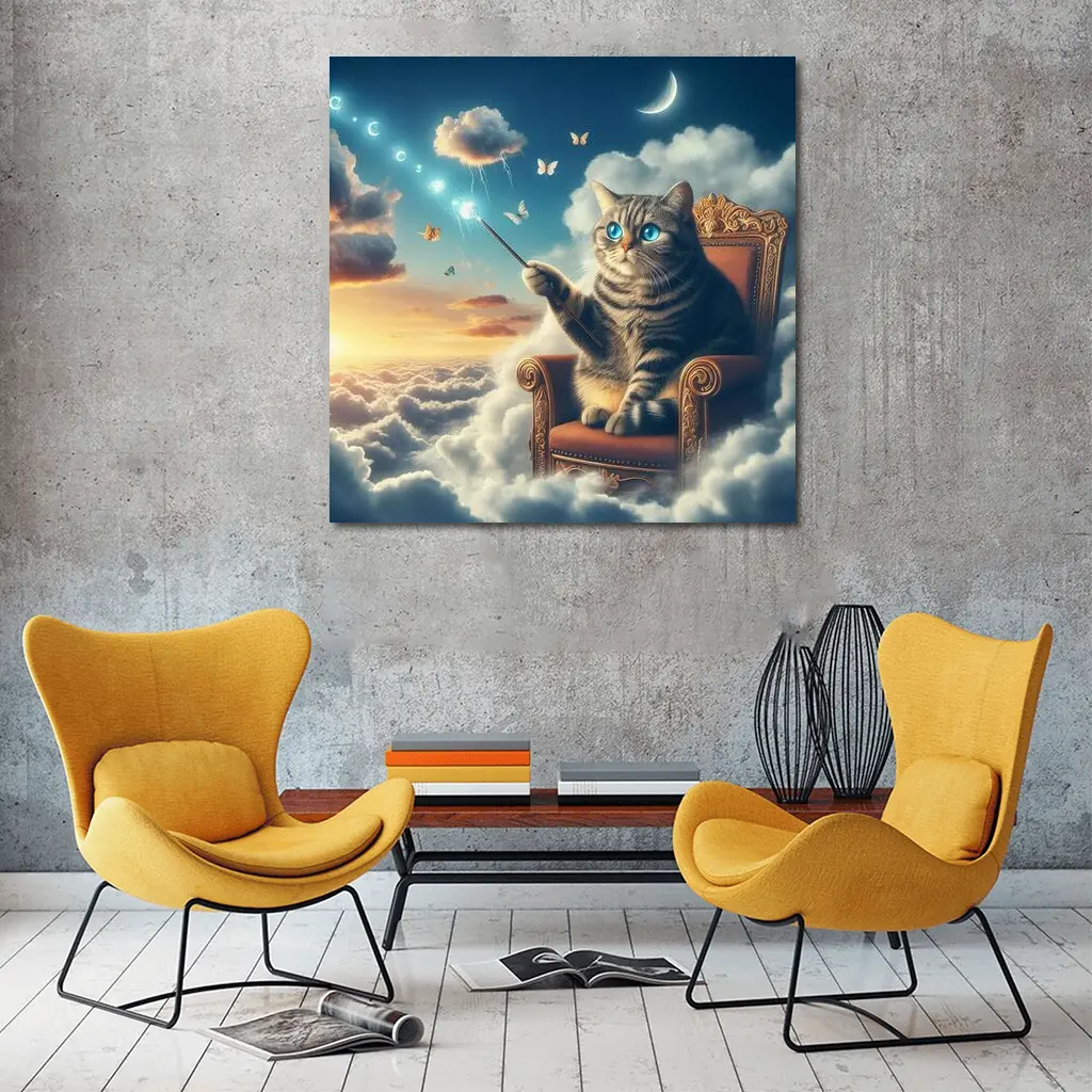 Tabby Cat Wizard Floating Sky Clouds – Wall Art