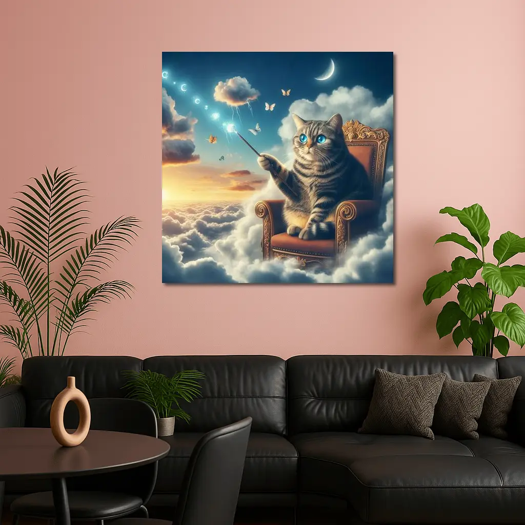 Tabby Cat Wizard Floating Sky Clouds – Wall Art
