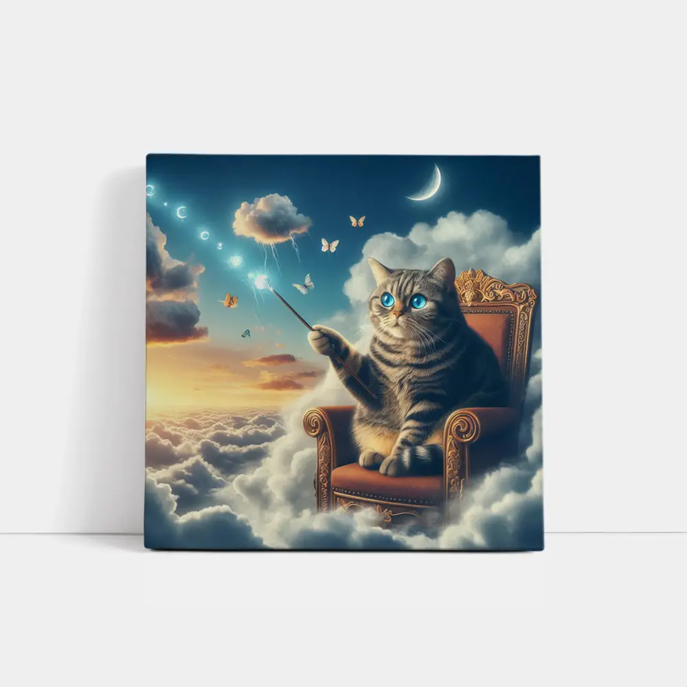 Tabby Cat Wizard Floating Sky Clouds – Wall Art