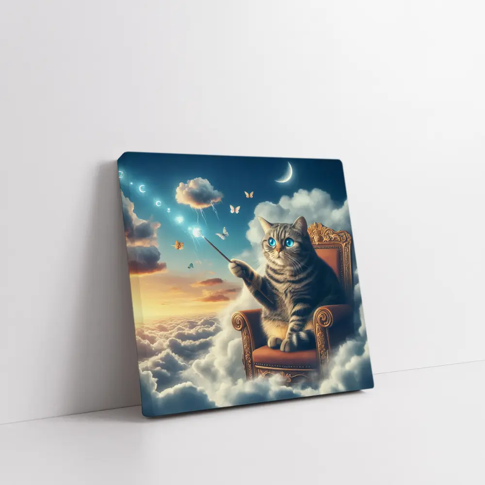 Tabby Cat Wizard Floating Sky Clouds – Wall Art