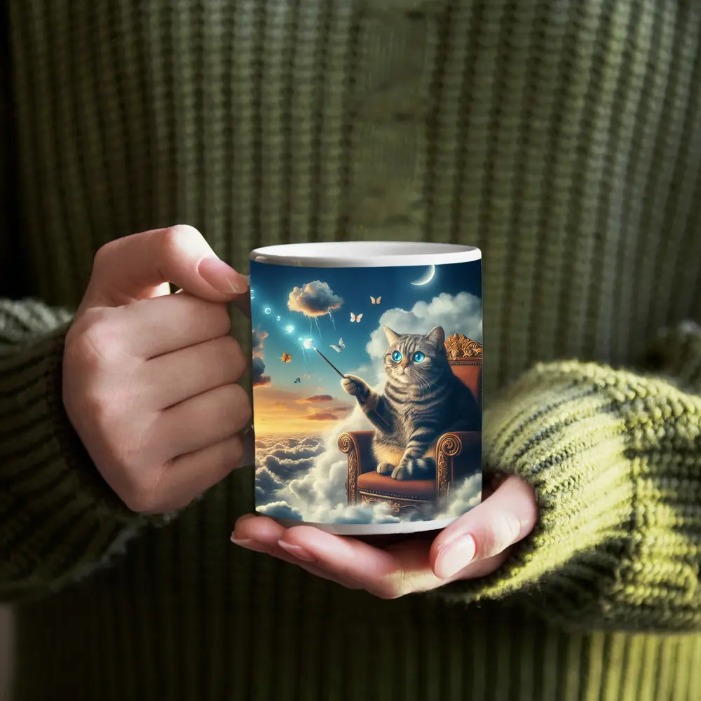 Tabby Cat Wizard Floating Sky Clouds – Mugs