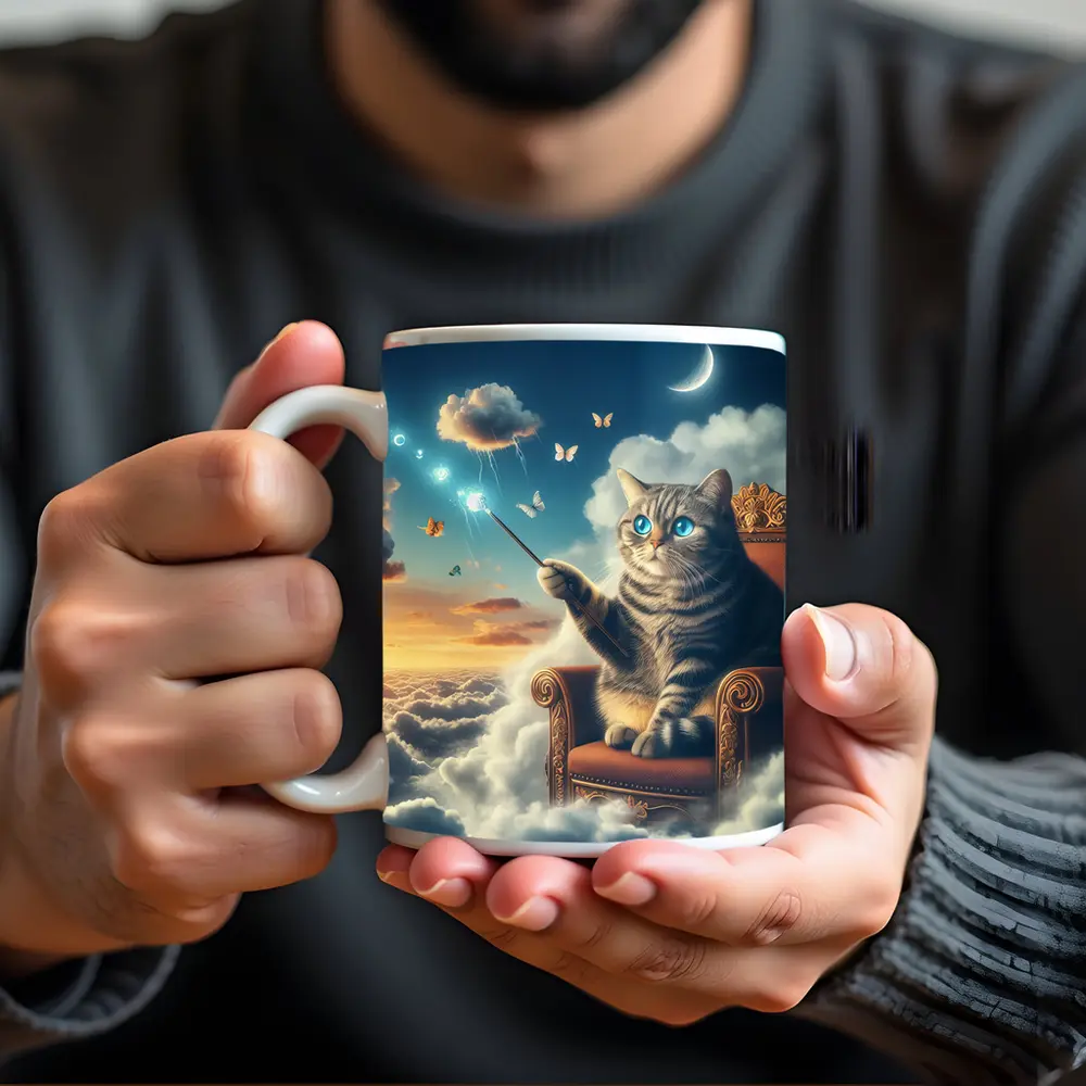 Tabby Cat Wizard Floating Sky Clouds – Mugs