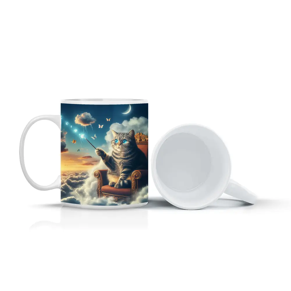 Tabby Cat Wizard Floating Sky Clouds – Mugs
