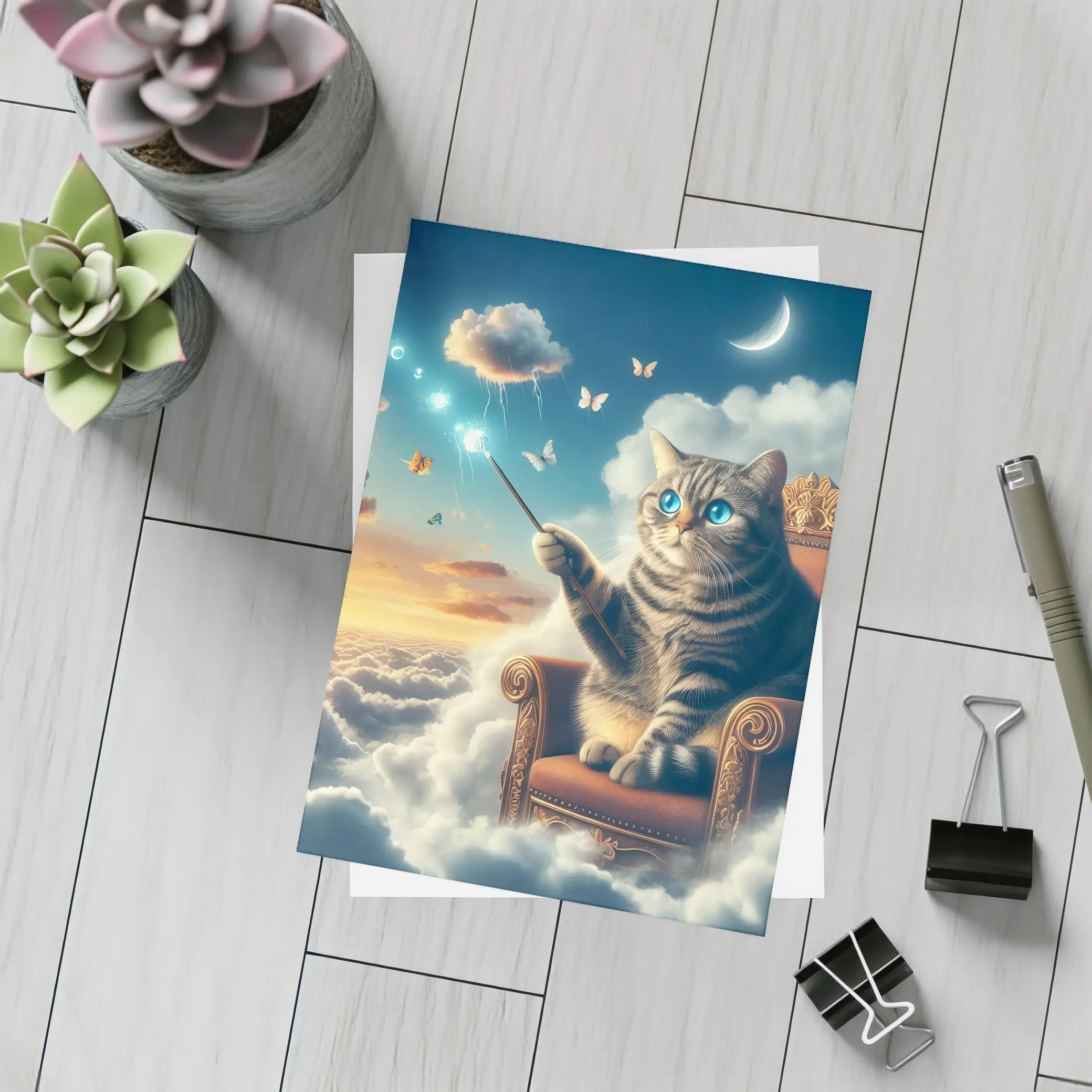 Tabby Cat Wizard Floating Sky Clouds – Postcards