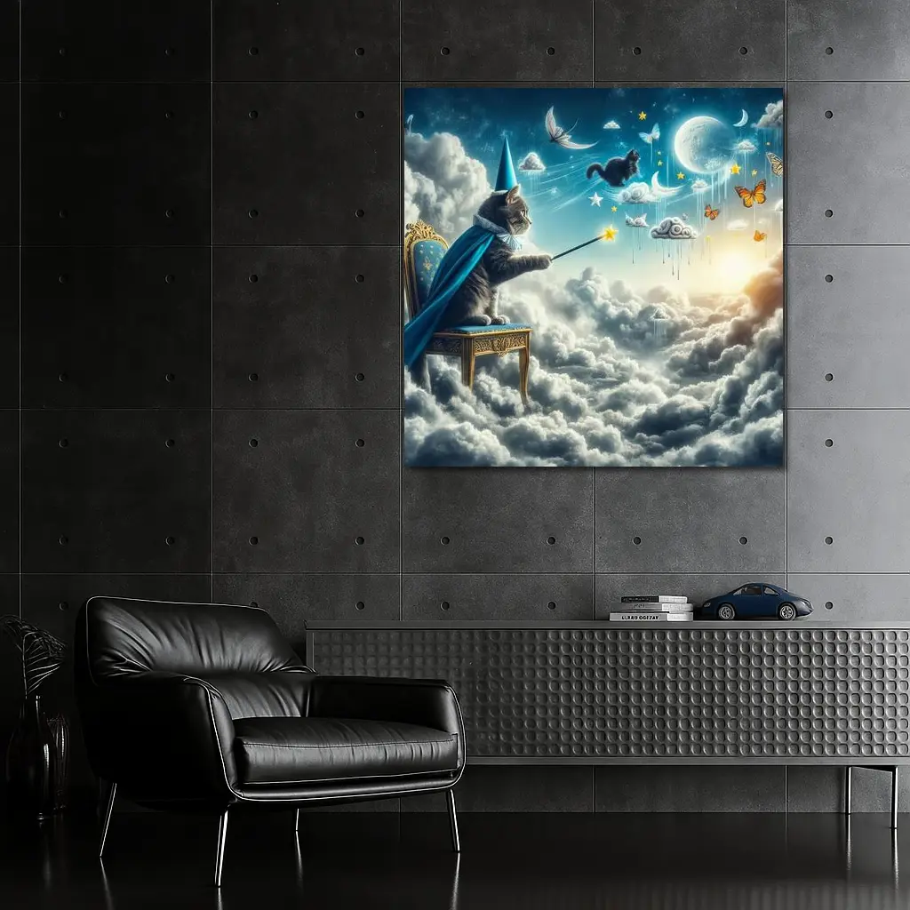 Wizard Cat Casting Spells Above Clouds – Wall Art