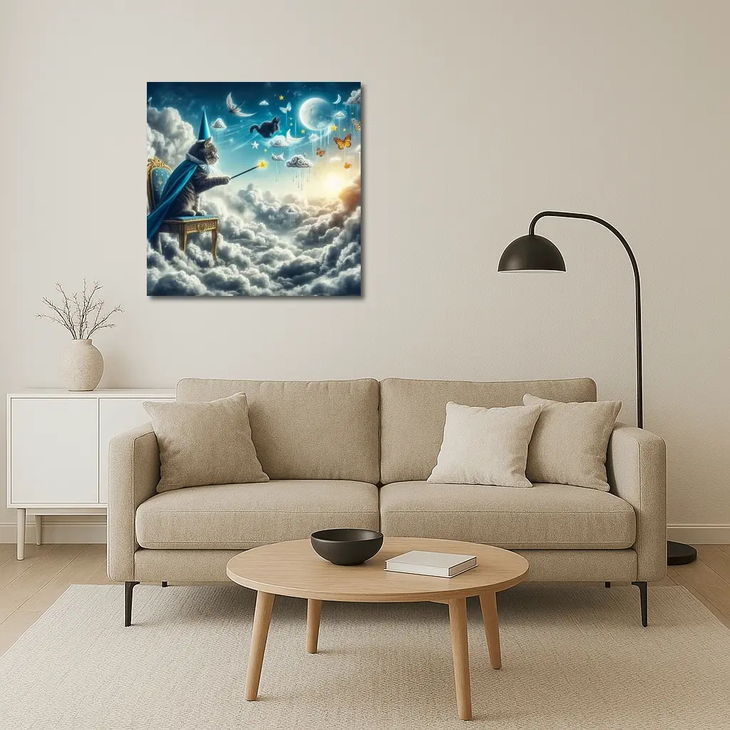 Wizard Cat Casting Spells Above Clouds – Wall Art