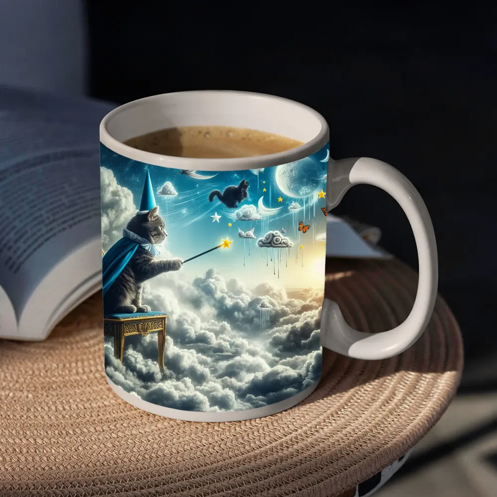 Wizard Cat Casting Spells Above Clouds – Mugs
