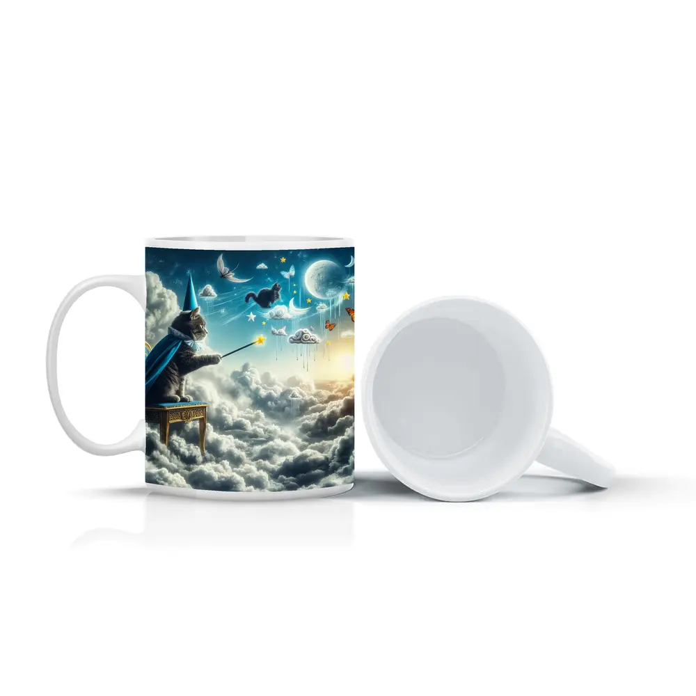 Wizard Cat Casting Spells Above Clouds – Mugs