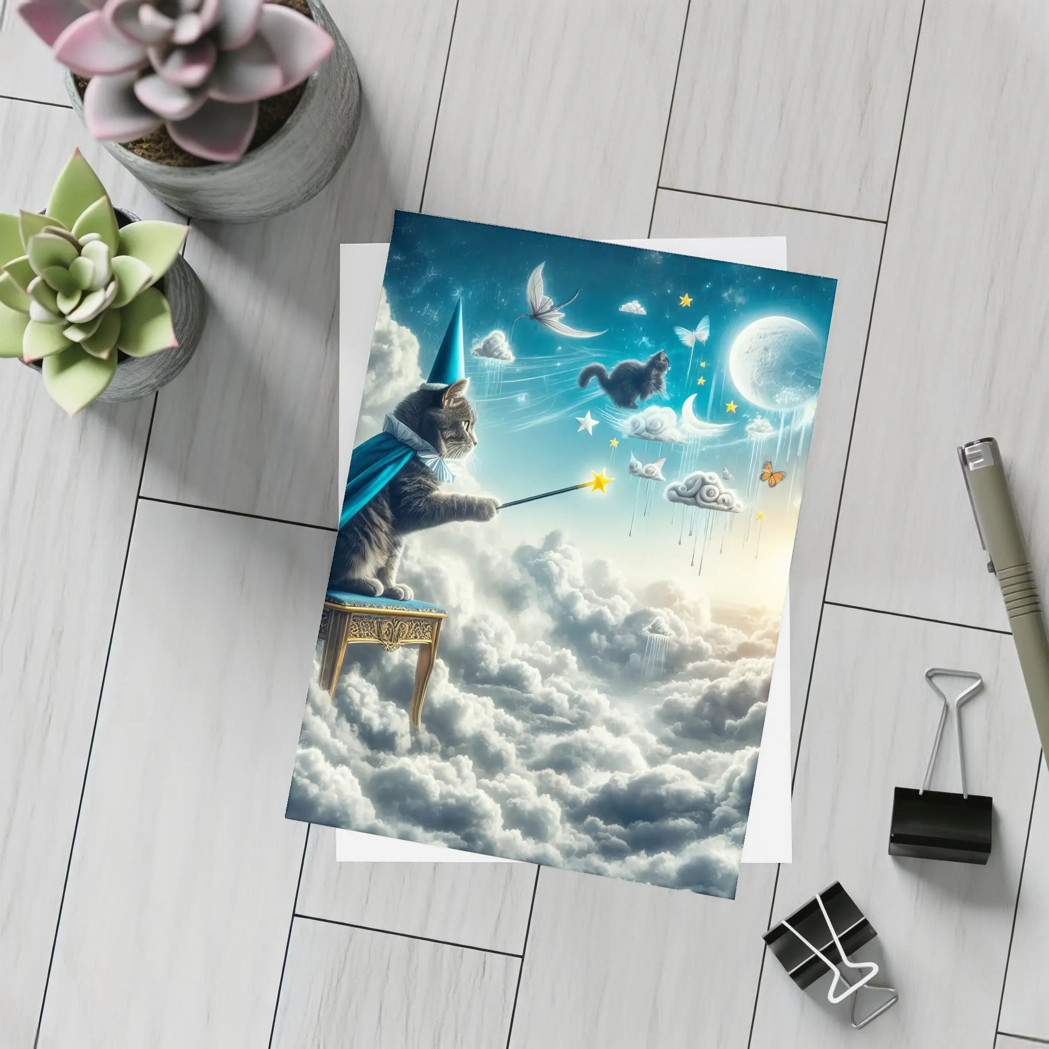 Wizard Cat Casting Spells Above Clouds – Postcards