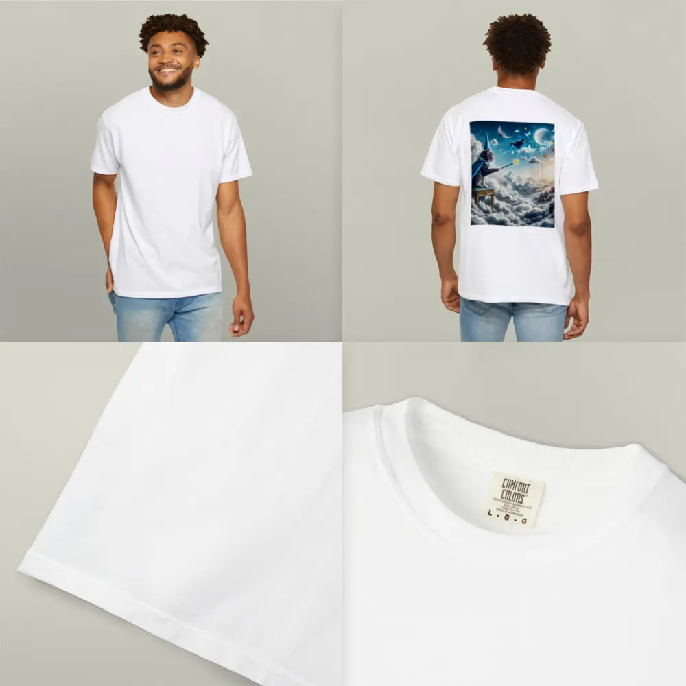 Wizard Cat Casting Spells Above Clouds – T-Shirts