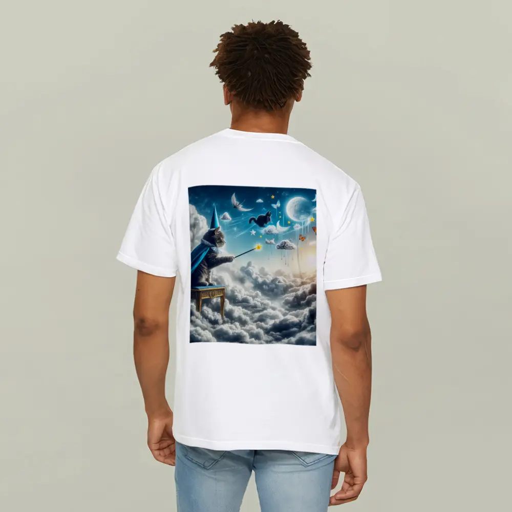 Wizard Cat Casting Spells Above Clouds – T-Shirts
