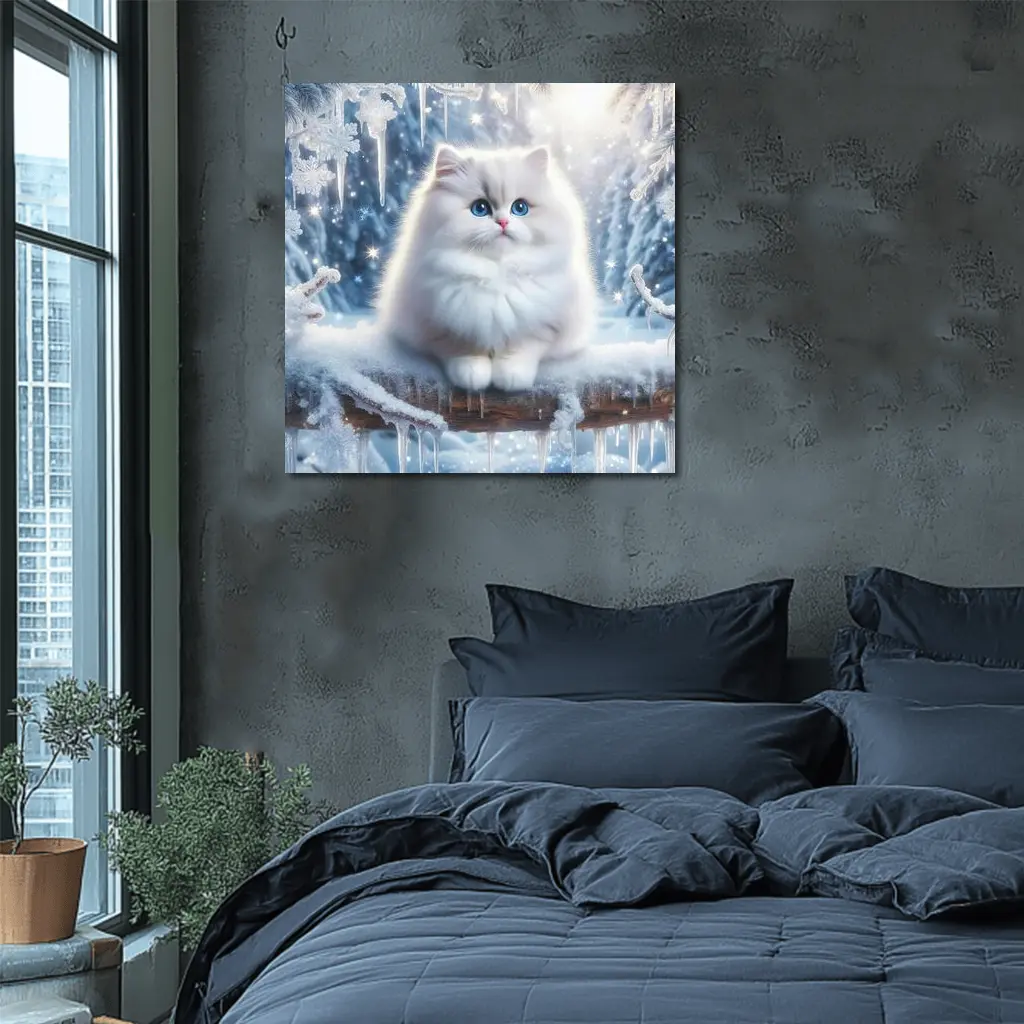 Fluffy White Cat Snowy Winter Forest – Wall Art