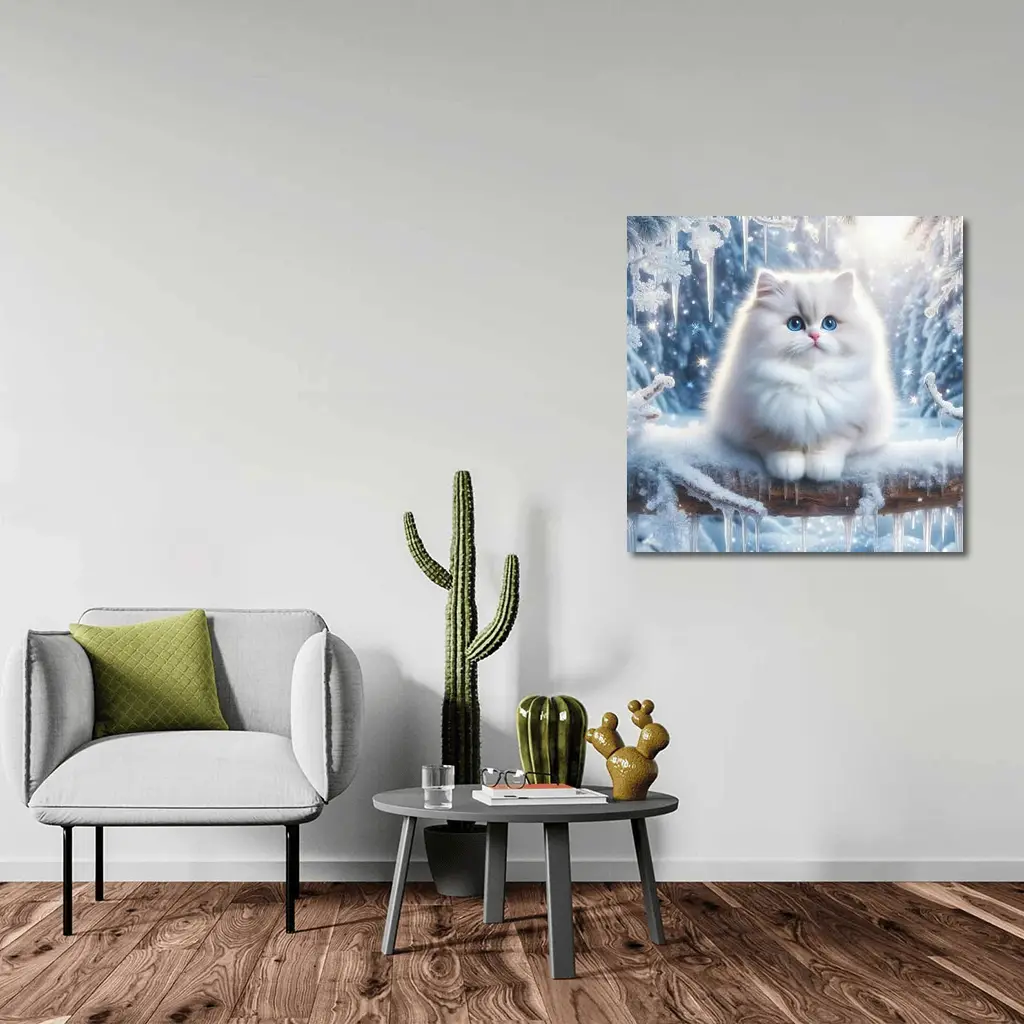 Fluffy White Cat Snowy Winter Forest – Wall Art
