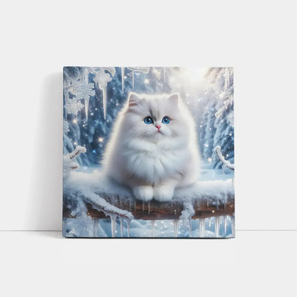 Fluffy White Cat Snowy Winter Forest – Wall Art