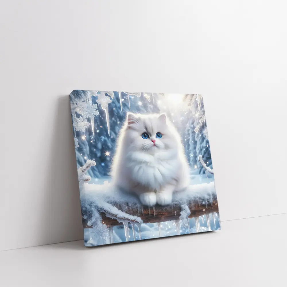 Fluffy White Cat Snowy Winter Forest – Wall Art