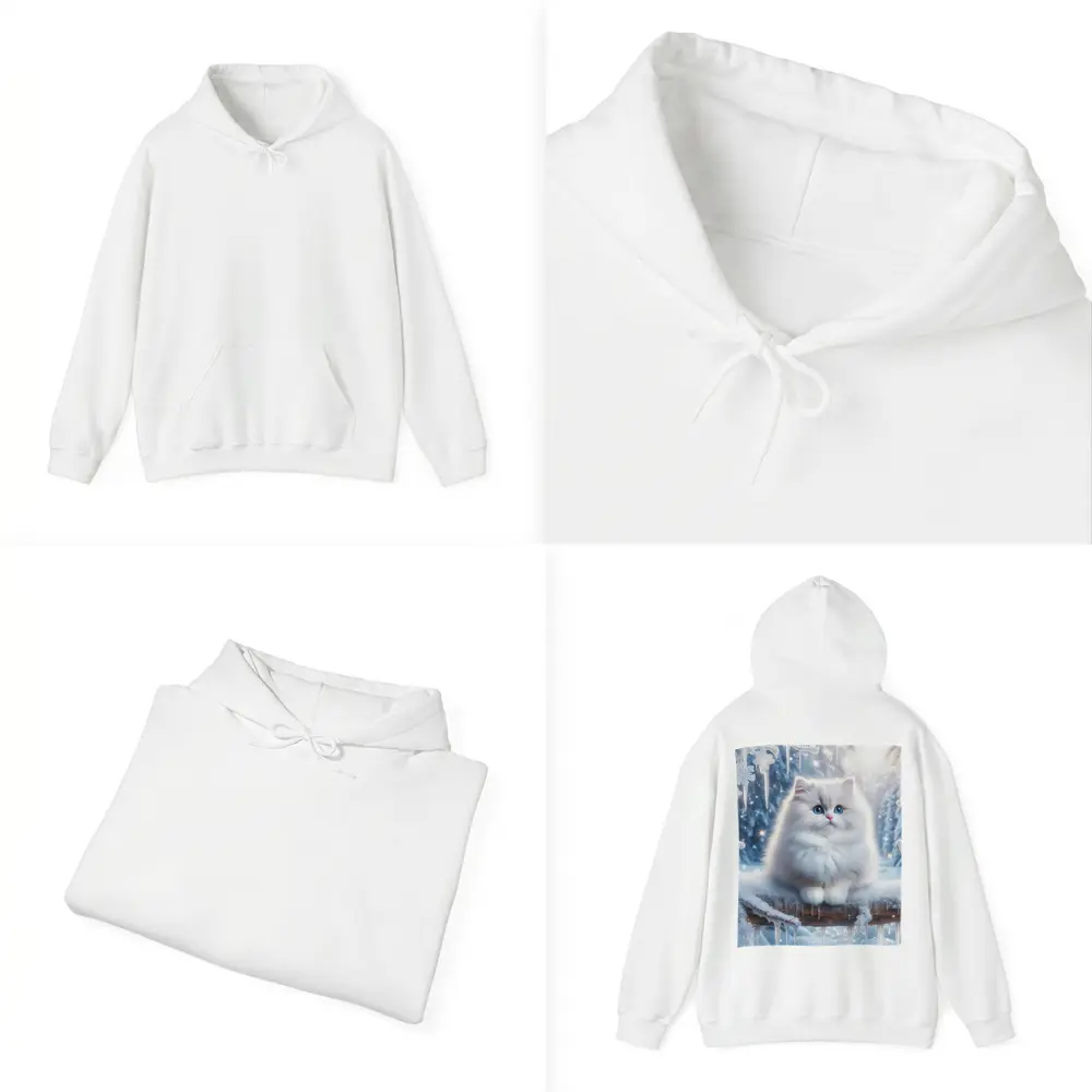 Fluffy White Cat Snowy Winter Forest – Hoodies