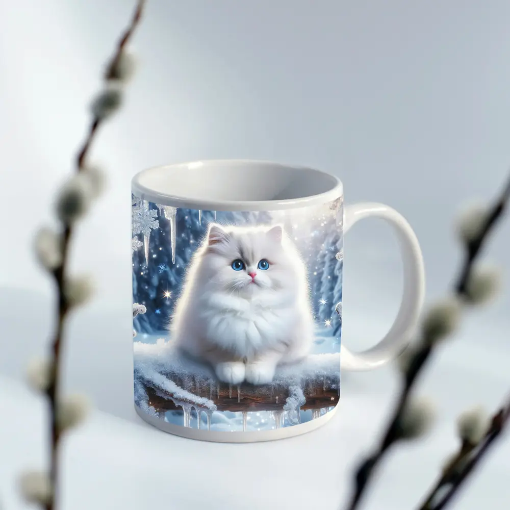 Fluffy White Cat Snowy Winter Forest – Mugs