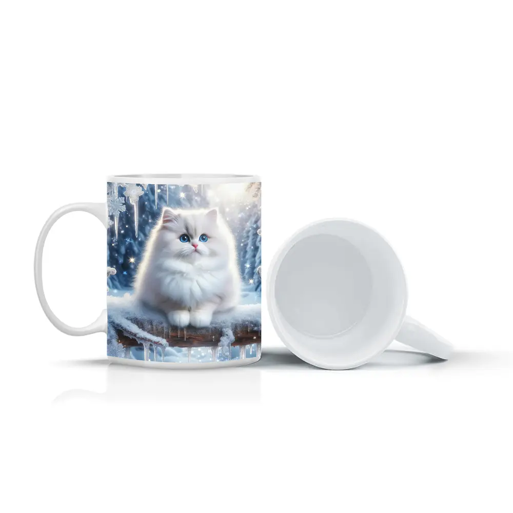 Fluffy White Cat Snowy Winter Forest – Mugs