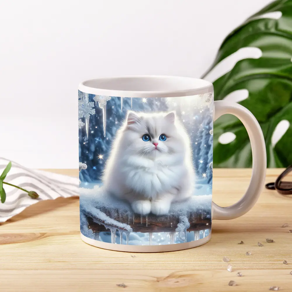 Fluffy White Cat Snowy Winter Forest – Mugs