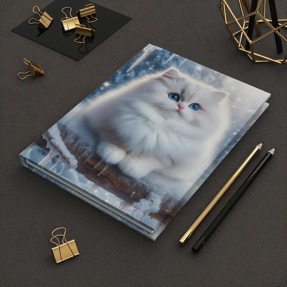 Fluffy White Cat Snowy Winter Forest – Notebooks