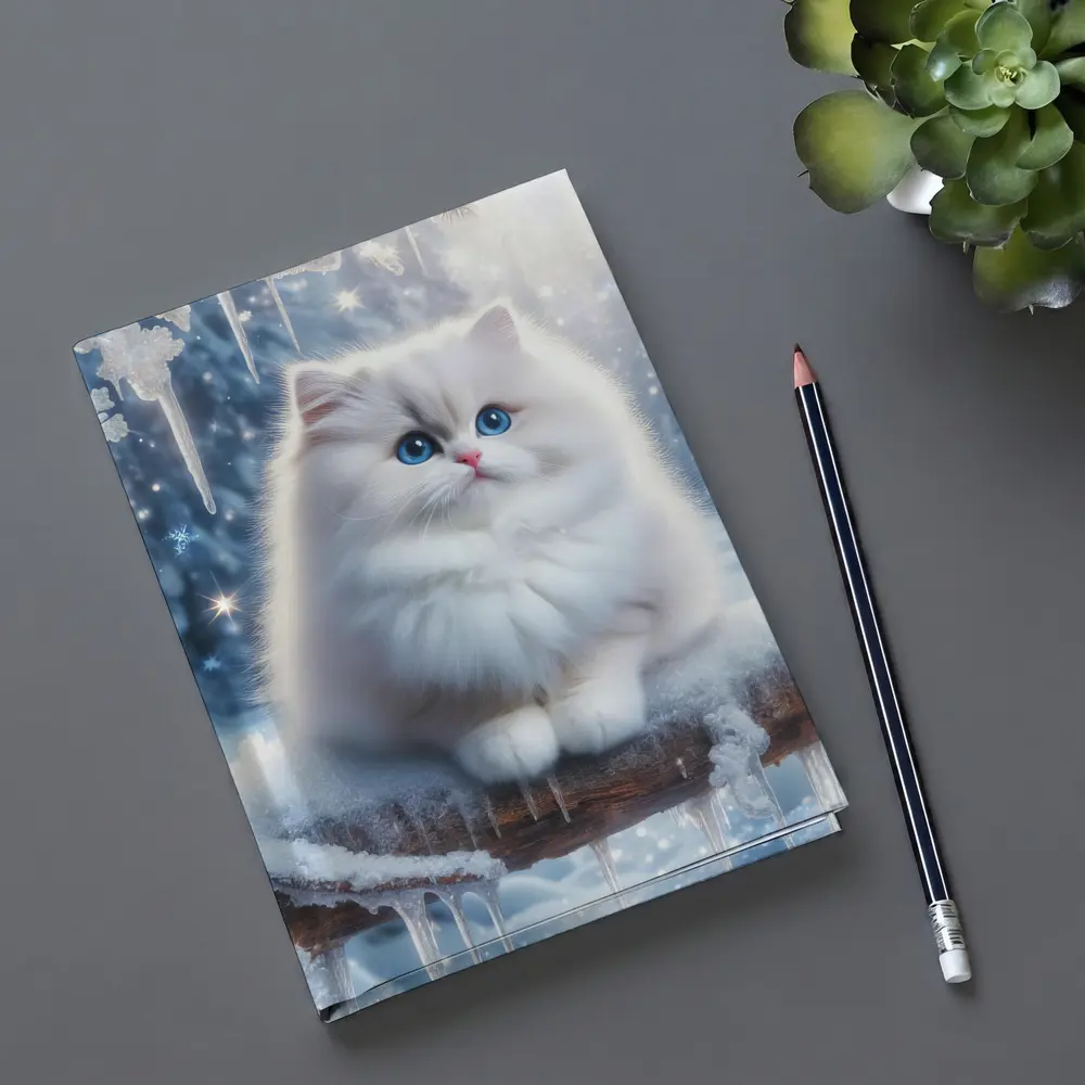 Fluffy White Cat Snowy Winter Forest – Notebooks