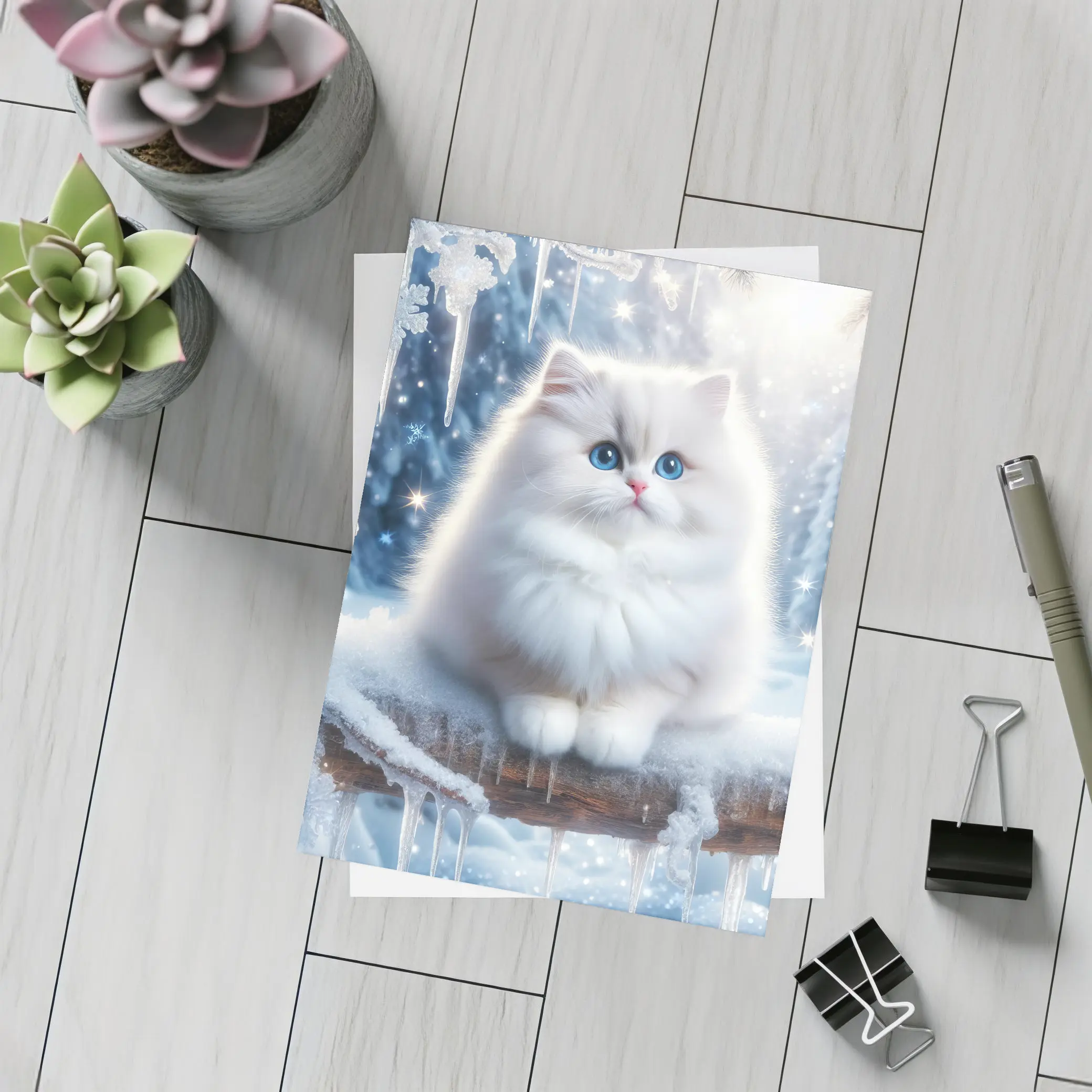 Fluffy White Cat Snowy Winter Forest – Postcards