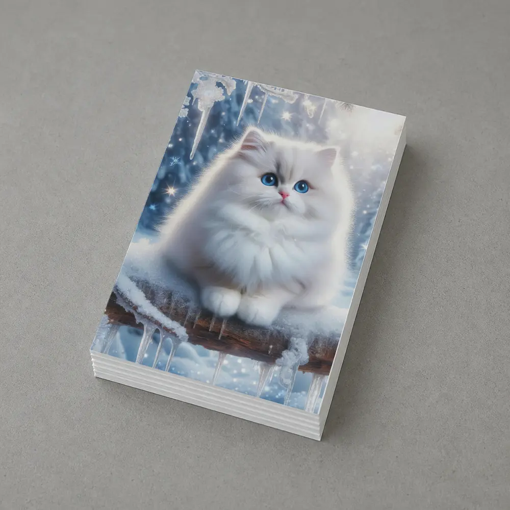 Fluffy White Cat Snowy Winter Forest – Postcards