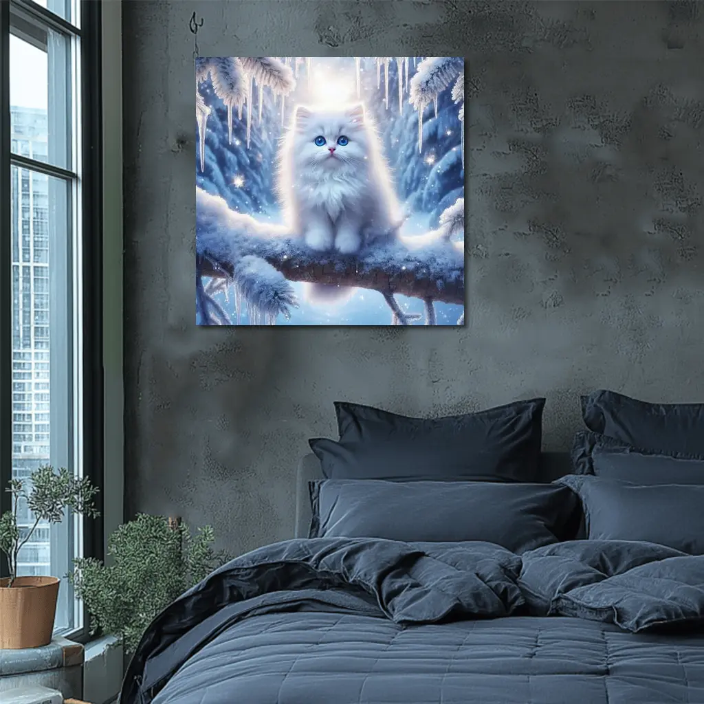 White Fluffy Kitten Sitting On Snowy Branch – Wall Art