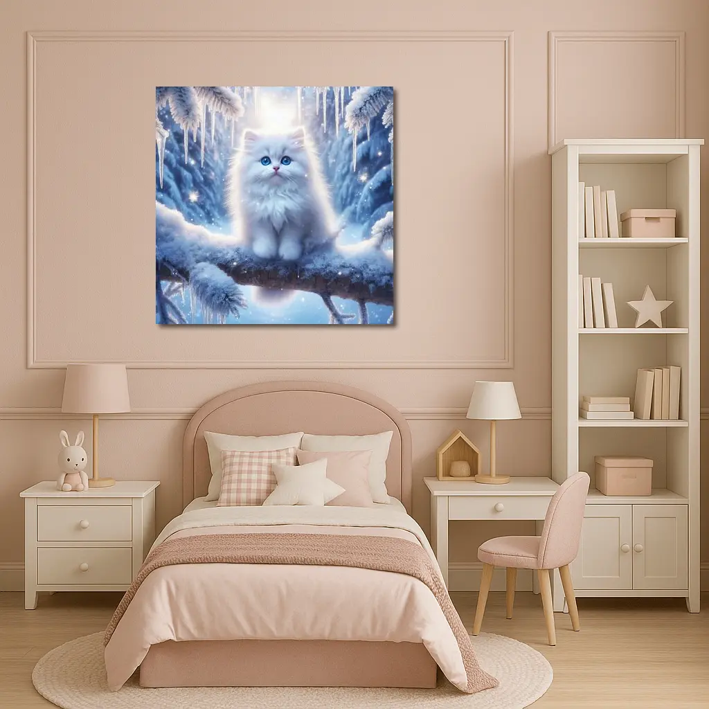 White Fluffy Kitten Sitting On Snowy Branch – Wall Art