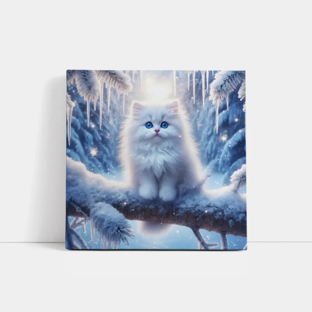 White Fluffy Kitten Sitting On Snowy Branch – Wall Art