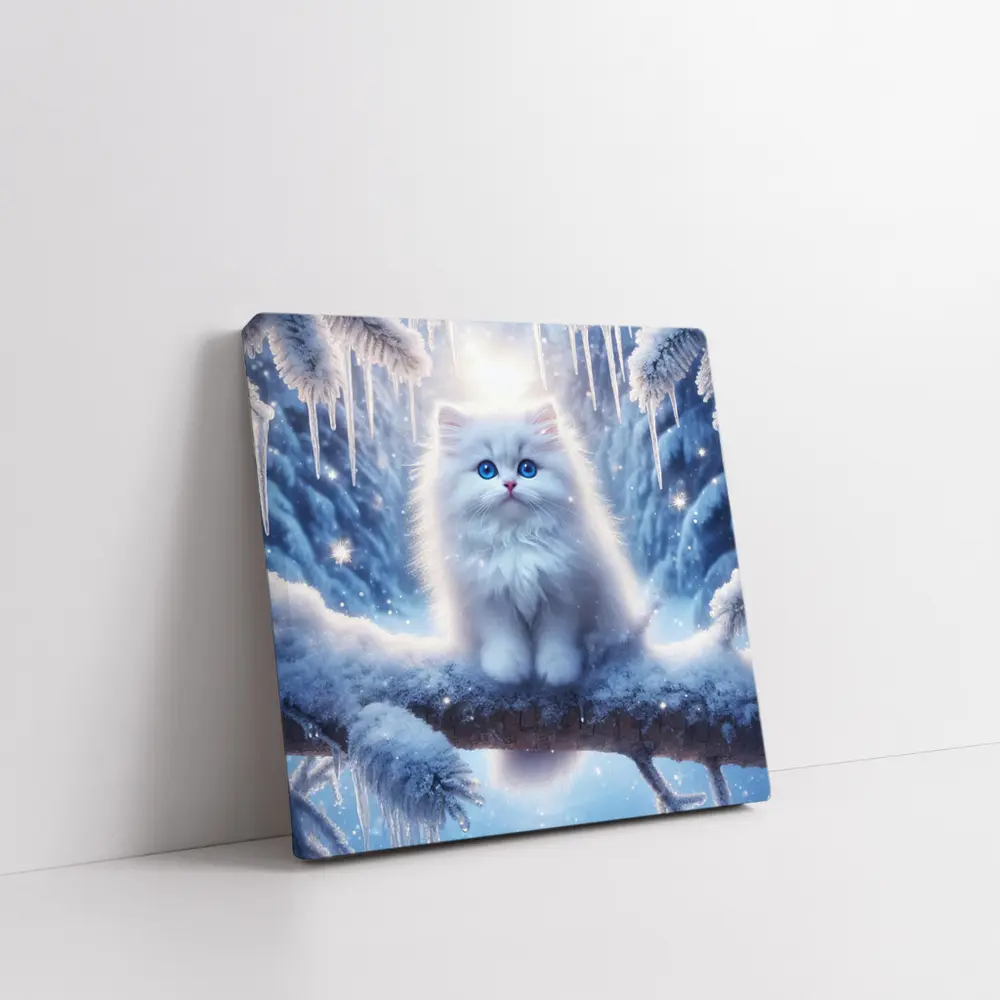 White Fluffy Kitten Sitting On Snowy Branch – Wall Art