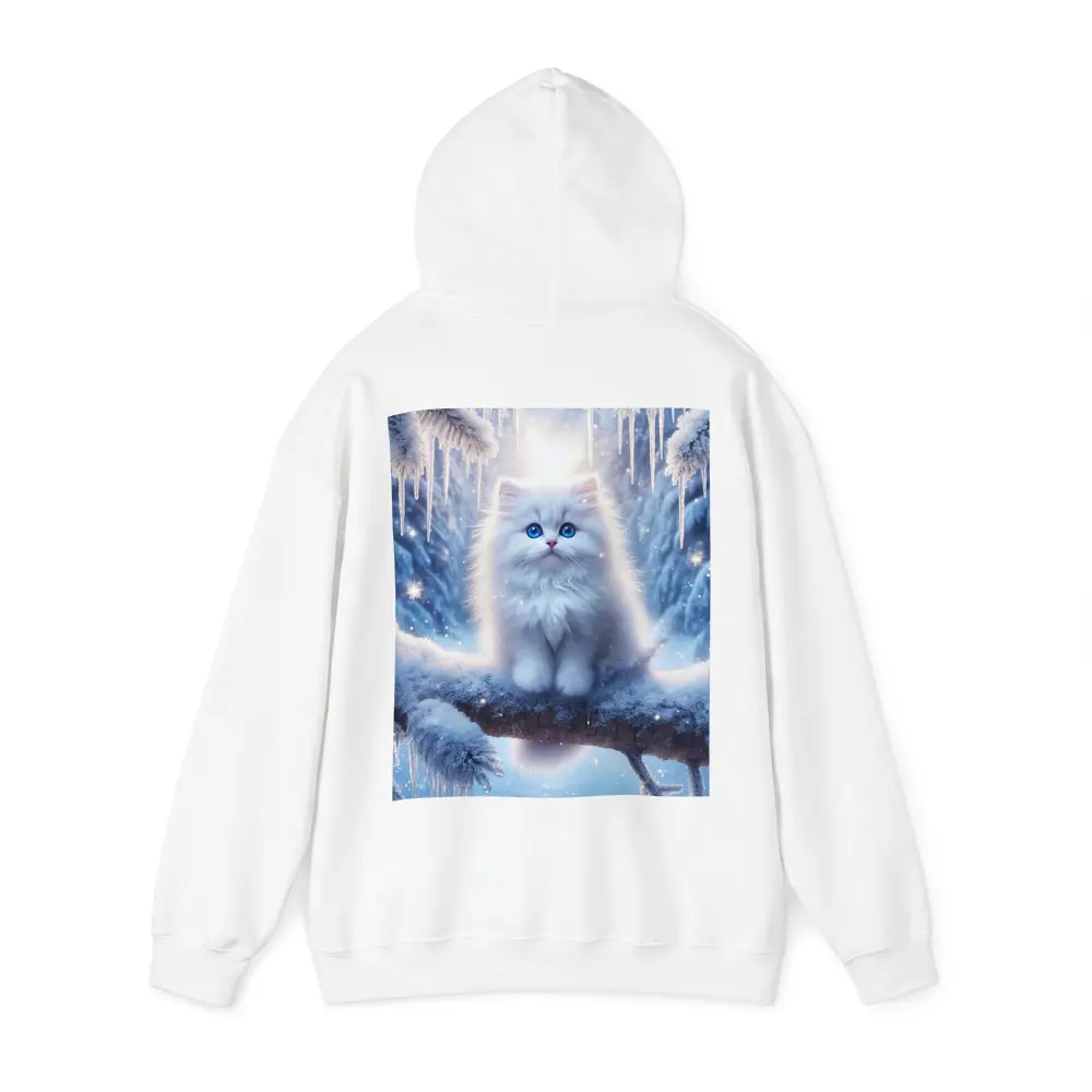 White Fluffy Kitten Sitting On Snowy Branch – Hoodies