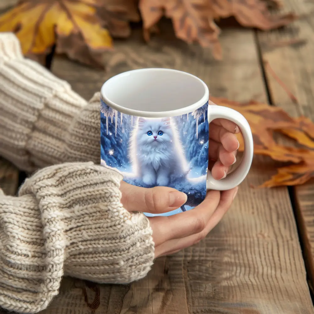 White Fluffy Kitten Sitting On Snowy Branch – Mugs