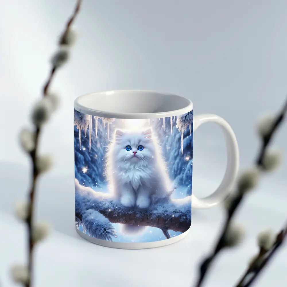 White Fluffy Kitten Sitting On Snowy Branch – Mugs