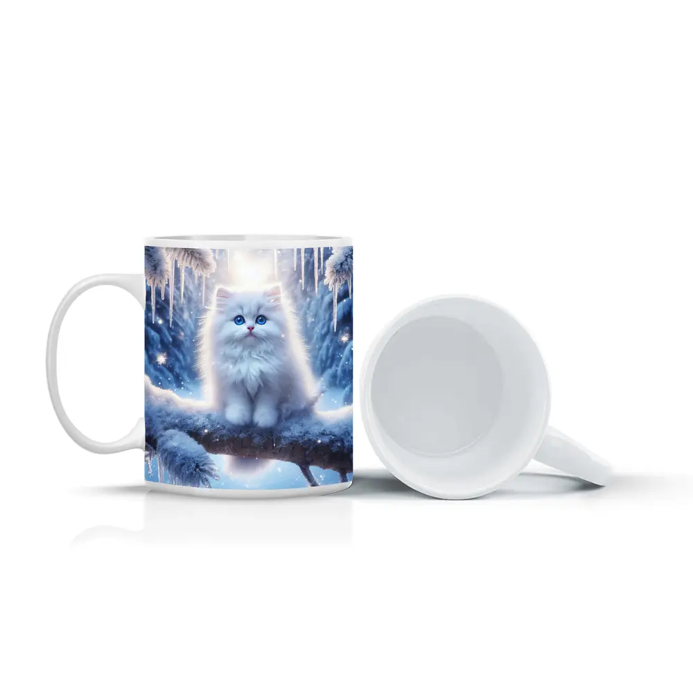 White Fluffy Kitten Sitting On Snowy Branch – Mugs