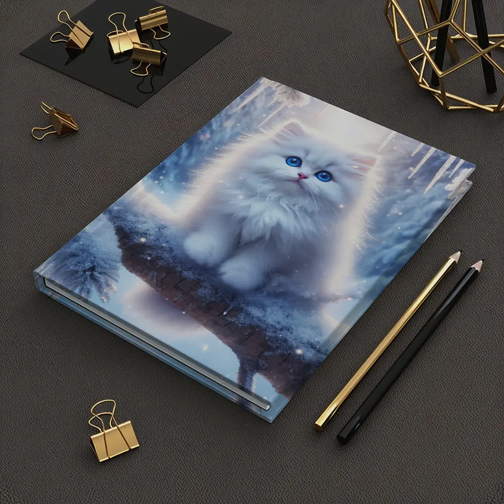White Fluffy Kitten Sitting On Snowy Branch – Notebooks