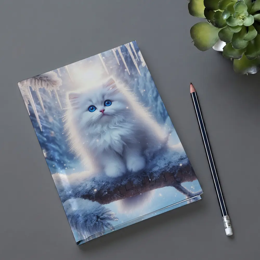 White Fluffy Kitten Sitting On Snowy Branch – Notebooks