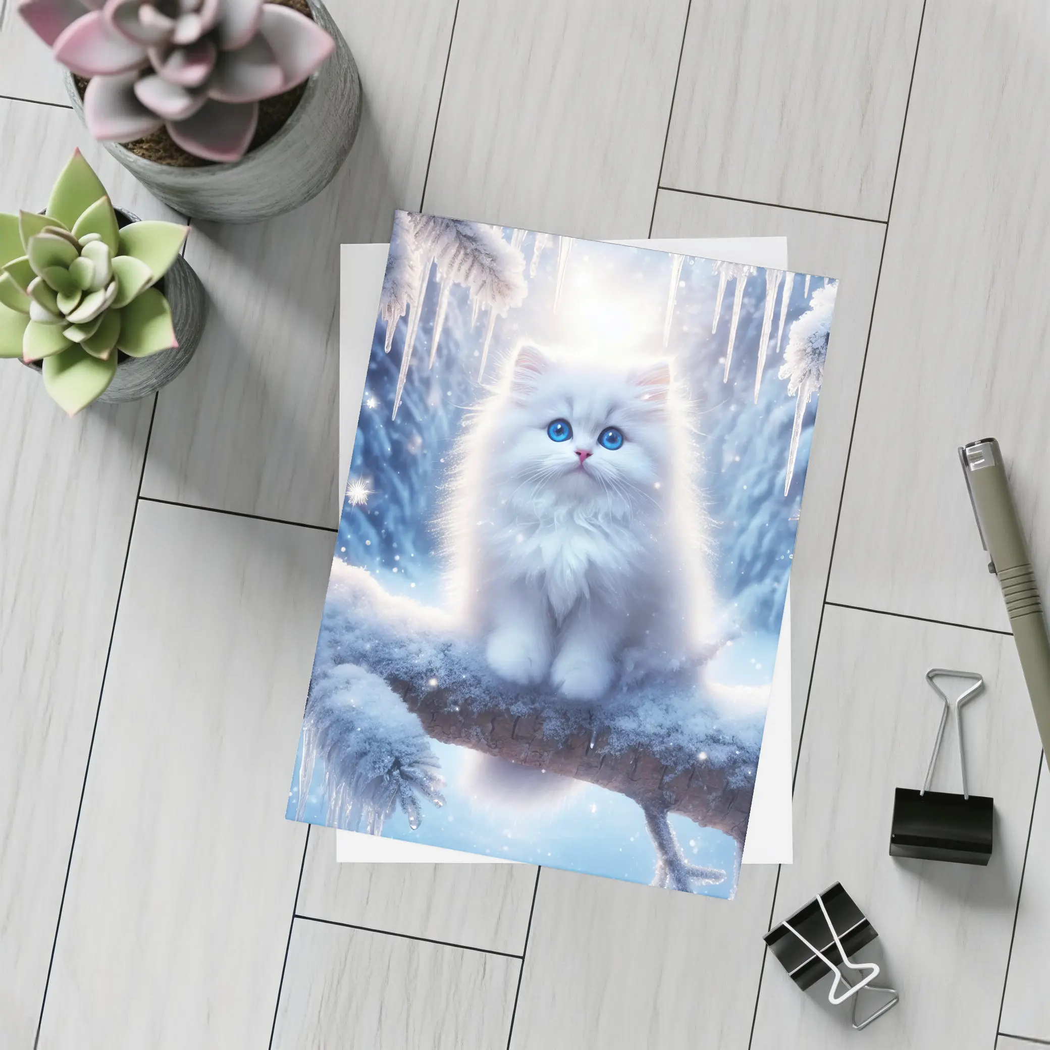 White Fluffy Kitten Sitting On Snowy Branch – Postcards
