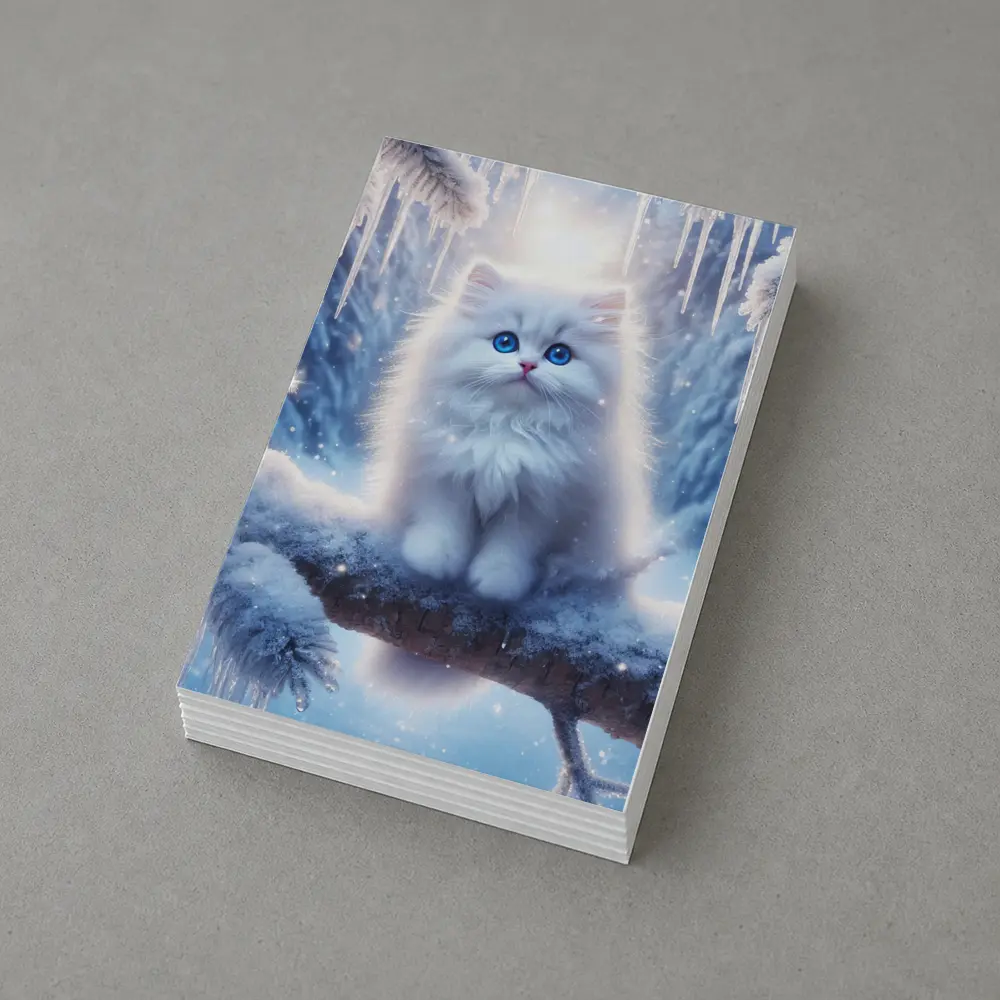 White Fluffy Kitten Sitting On Snowy Branch – Postcards