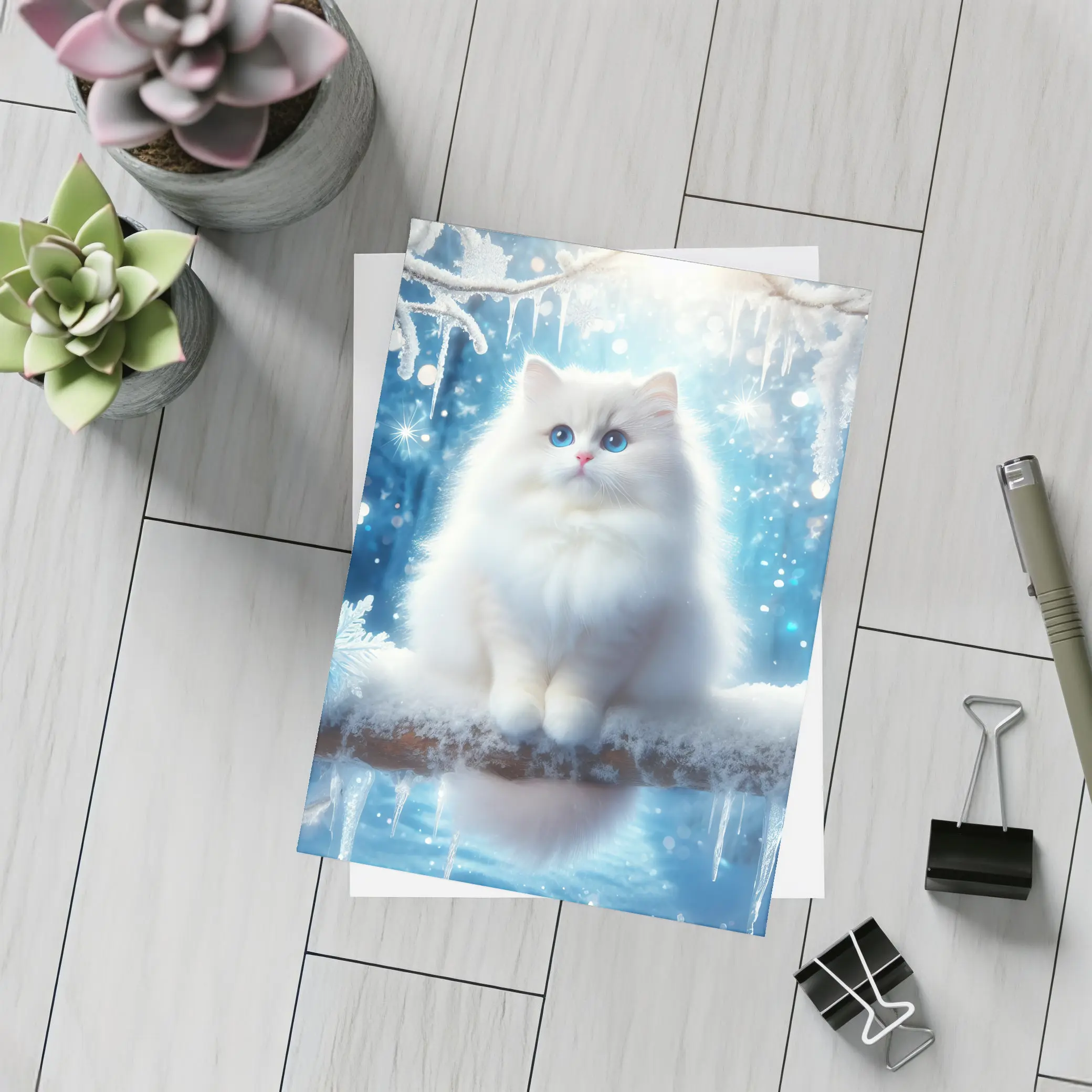 White Ragdoll Cat Snowy Winter Forest – Postcards