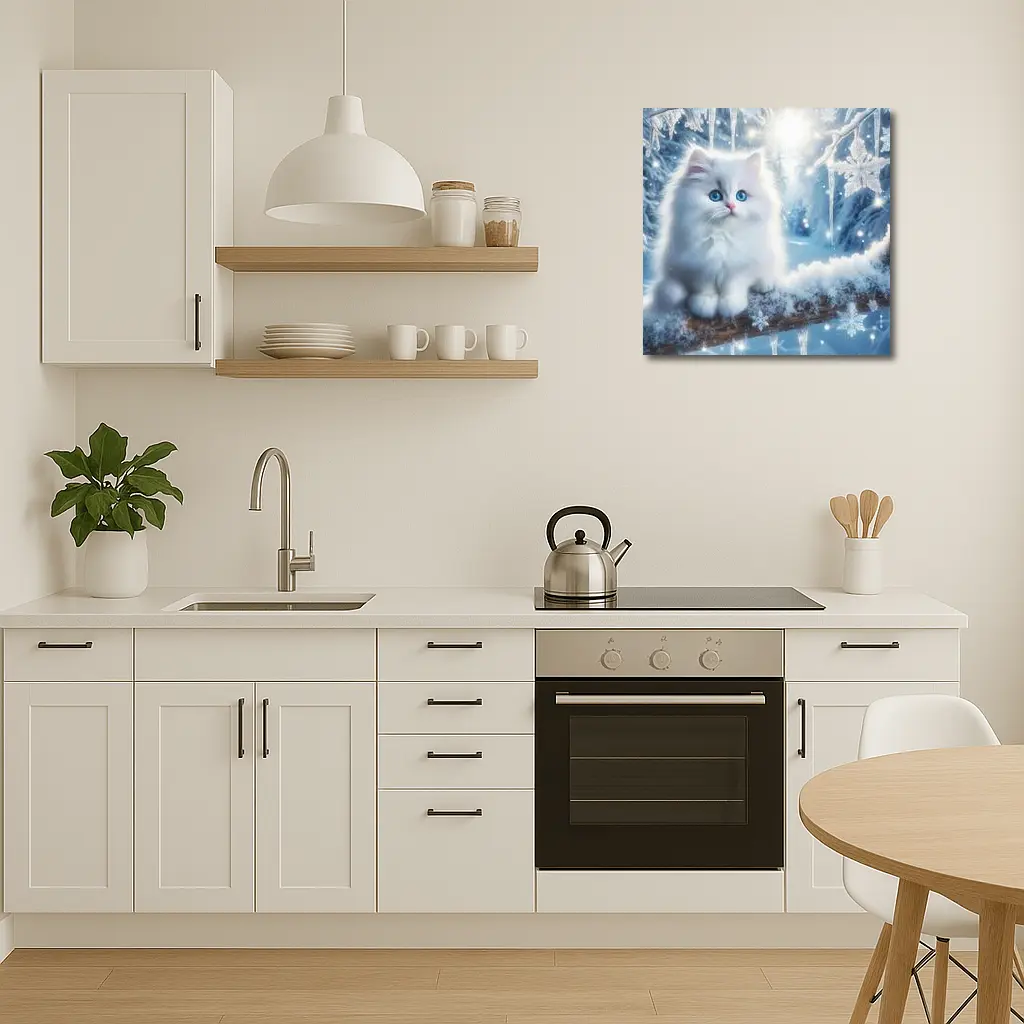 White Persian Kitten Blue Eyes Winter Snow – Wall Art