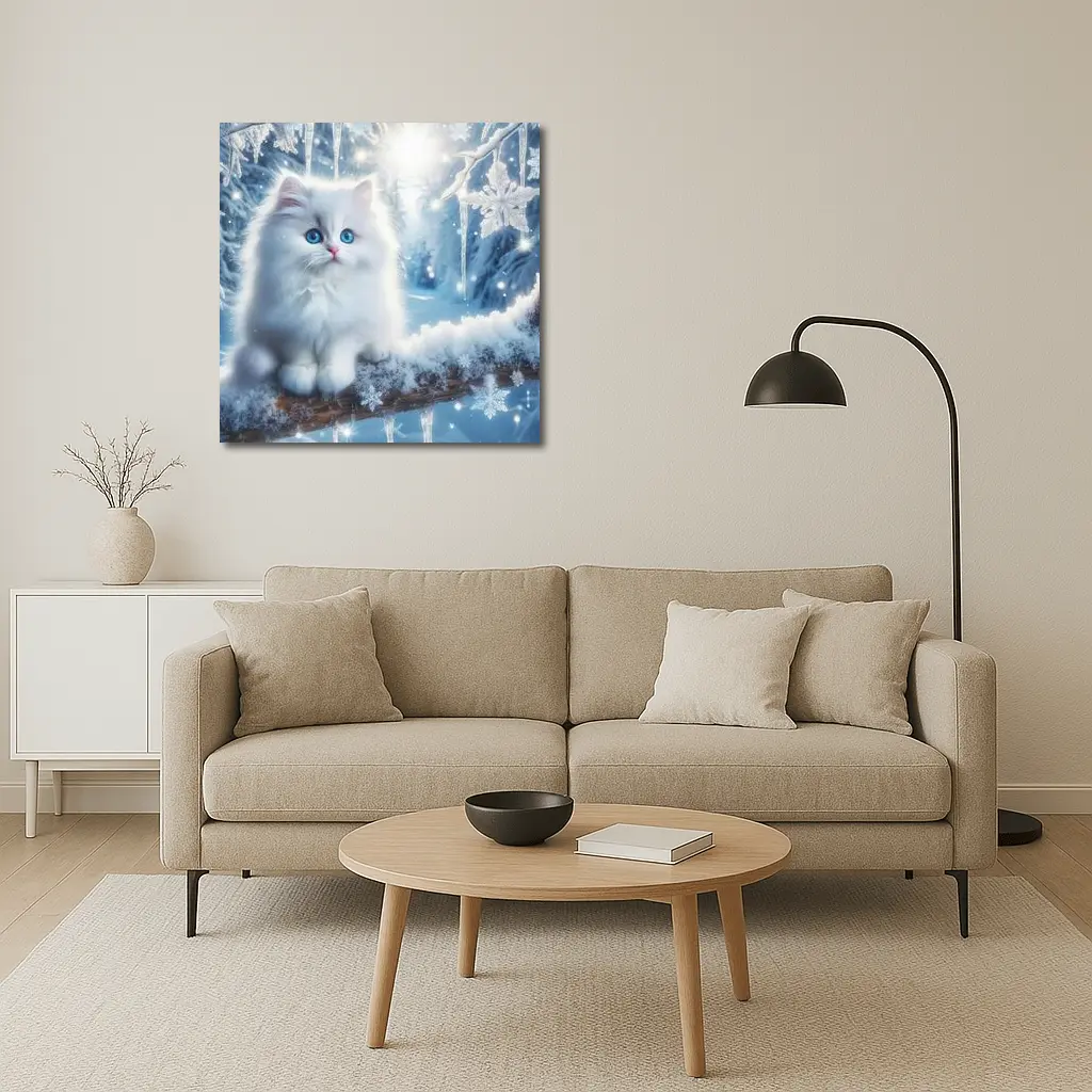 White Persian Kitten Blue Eyes Winter Snow – Wall Art