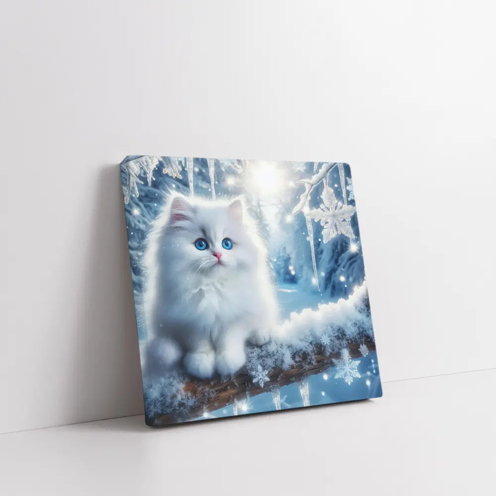 White Persian Kitten Blue Eyes Winter Snow – Wall Art
