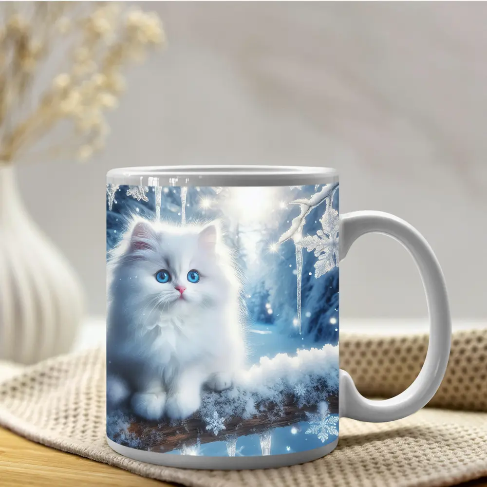 White Persian Kitten Blue Eyes Winter Snow – Mugs