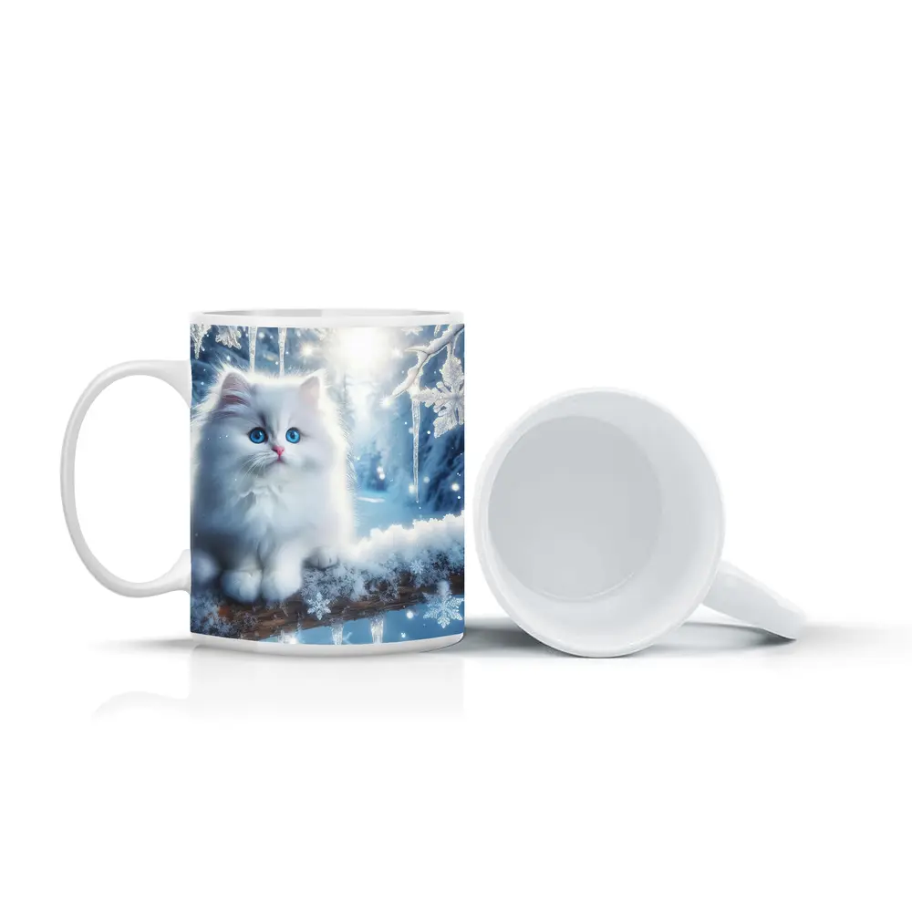 White Persian Kitten Blue Eyes Winter Snow – Mugs